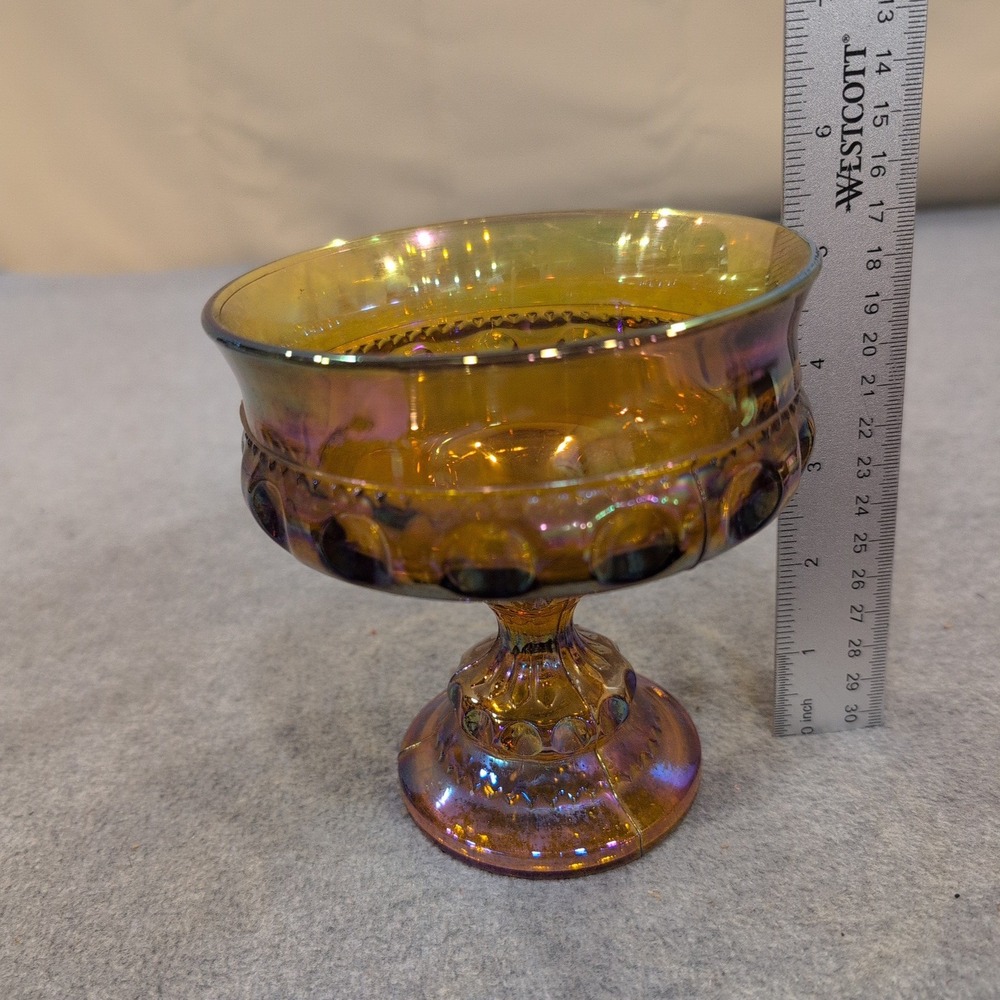 Vintage Indiana Glass Kings Crown Amber Carnival Glass Compote Iridescent Bowl - Picture 4 of 7